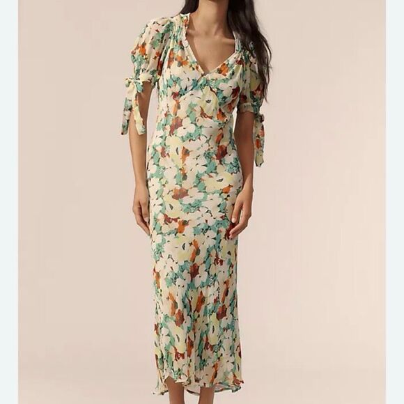 Anthropologie Floral Chiffon Tie Sleeve Slip Midi Dress NWT Size Medium Petite
